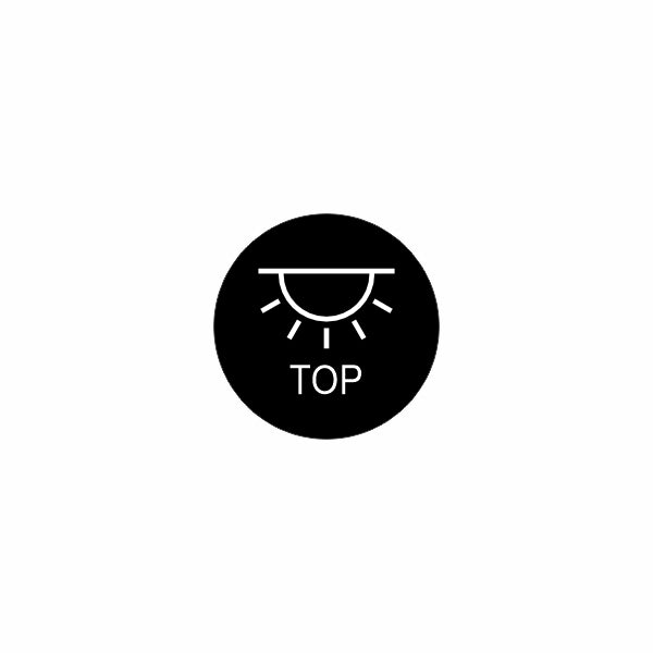 Orientation icon for 22mm light actuator: black circular symbol showing top-lit semicircle with the word "TOP