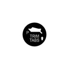 Black circular port-side trim tab control label showing boat silhouette, "P", "TRIM TABS" text and upward arrow.