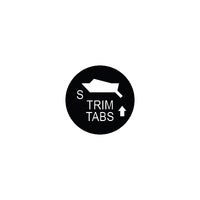 Circular black control icon with boat silhouette, letter "S", stacked "TRIM TABS" text and upward arrow