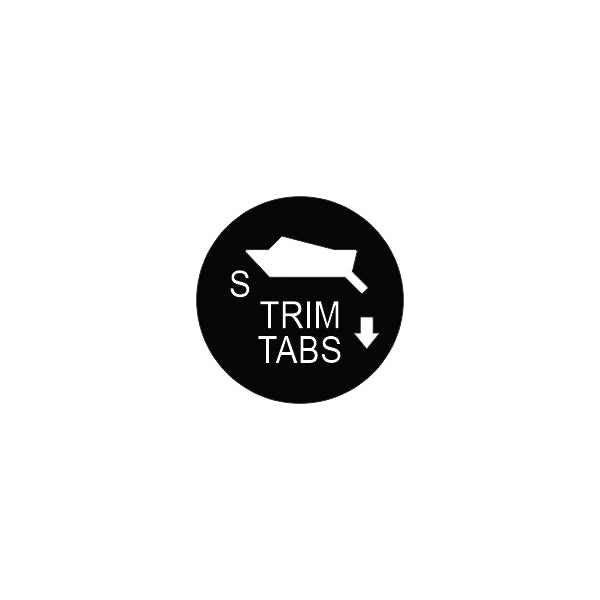 Starboard trim-tab control decal: black circular label with boat silhouette, 'S', 'TRIM TABS' and down arrow.