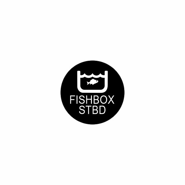 Circular black Fishbox STBD label icon showing a fish inside a small box with a wave line