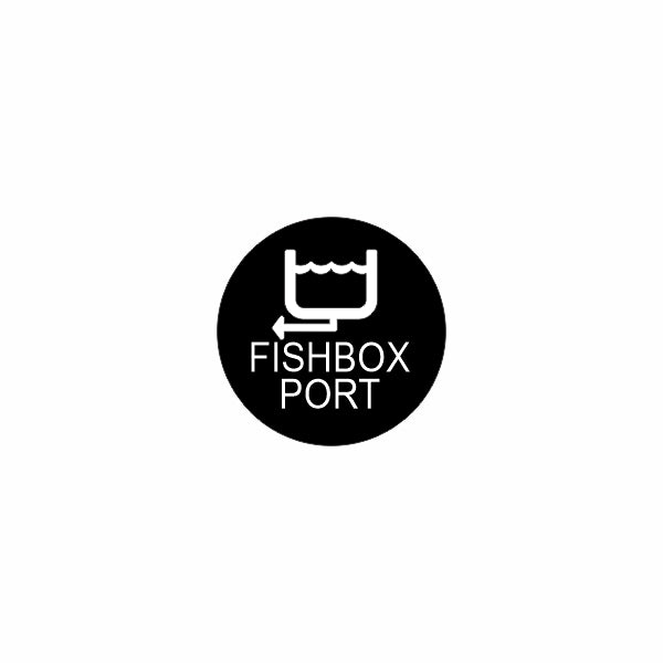 Black circular icon showing fishbox port symbol with water line, left-pointing arrow and label.