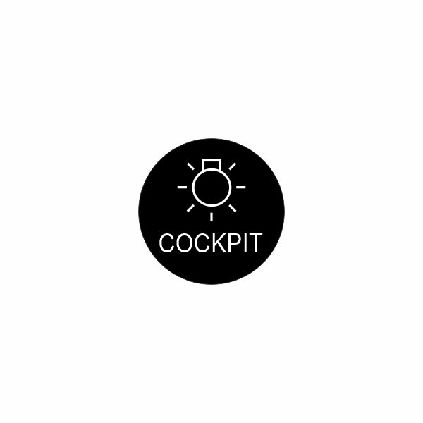 Front view of round black badge showing a light pictogram and the word 'COCKPIT'.