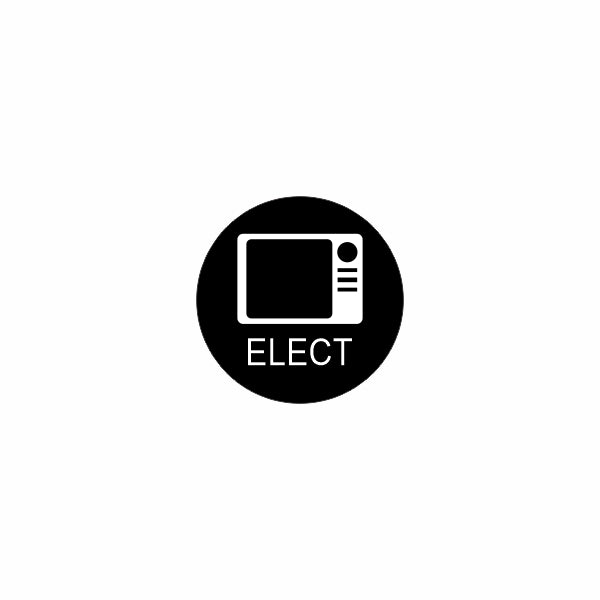 Circular black electronics category icon showing a white screen and control buttons labeled 'ELECT
