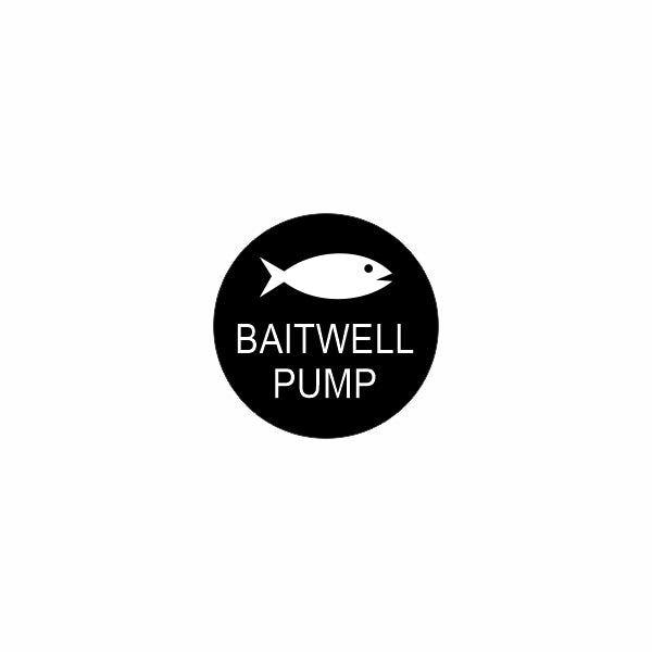 Graphic circular badge with white fish icon and 'BAITWELL PUMP' label centered on a white background