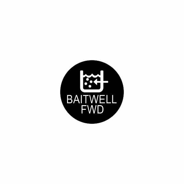 Circular black badge showing a white baitwell icon and the text "BAITWELL FWD" centered