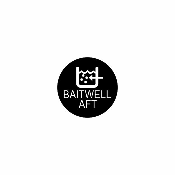 Circular black badge displaying a white baitwell icon with centered BAITWELL AFT text