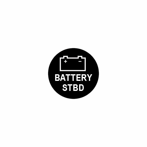 Circular black icon showing a battery outline and the label "BATTERY STBD," indicating starboard battery location
