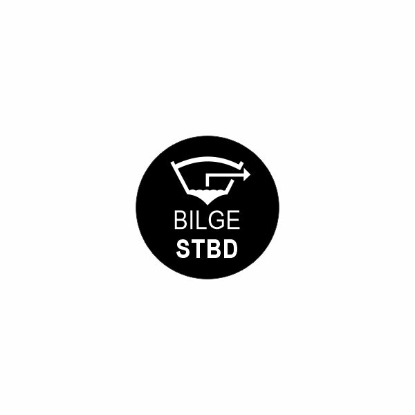 Black circular decal showing a bilge pump icon with the label "BILGE STBD" centered