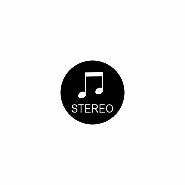 Feature icon showing stereo capability: black circle with a white musical note and "STEREO" label