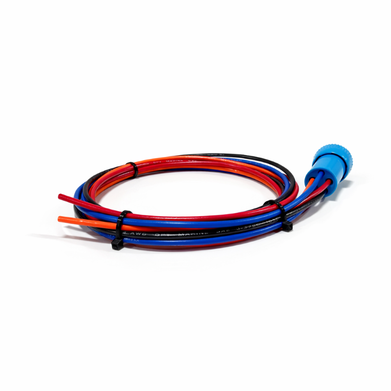 Bluewater 22mm switch plug with five colored wires coiled, side view showing connector end and bare wire ends