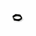 Angled top-side view of a black plastic hex nut for a 22mm switch showing internal threads and flat sides