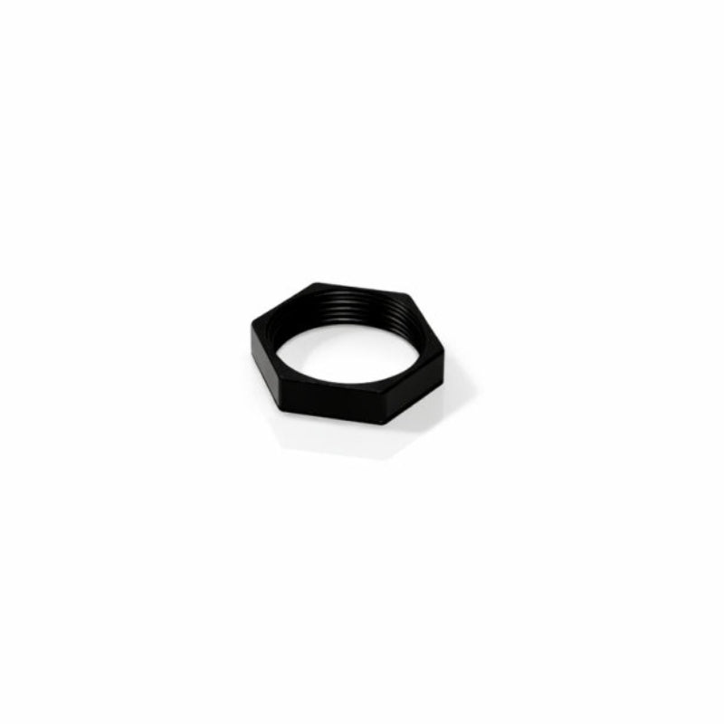 Angled top-side view of a black plastic hex nut for a 22mm switch showing internal threads and flat sides