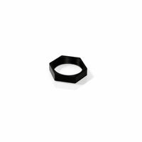 Angled top-side view of a black plastic hex nut for a 22mm switch showing internal threads and flat sides