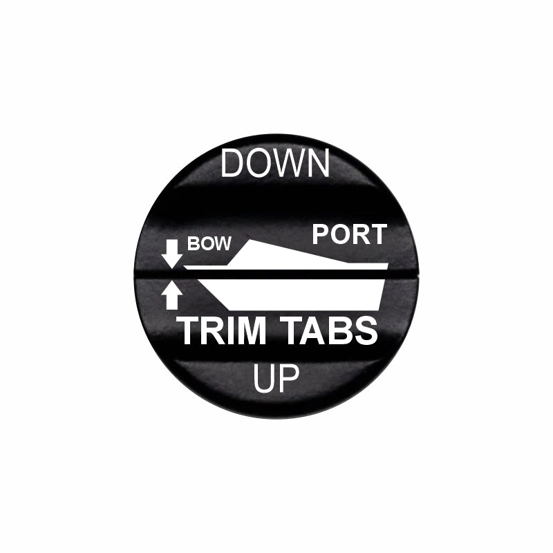 Bluewater laser-etched Trim Tabs PORT 2N1 actuator with UP/DOWN labels and boat graphic