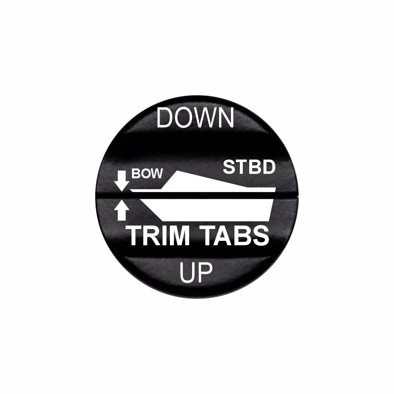 Bluewater laser-etched STBD trim tabs actuator button labeled TRIM TABS with UP/DOWN
