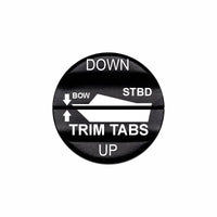Bluewater laser-etched STBD trim tabs actuator button labeled TRIM TABS with UP/DOWN