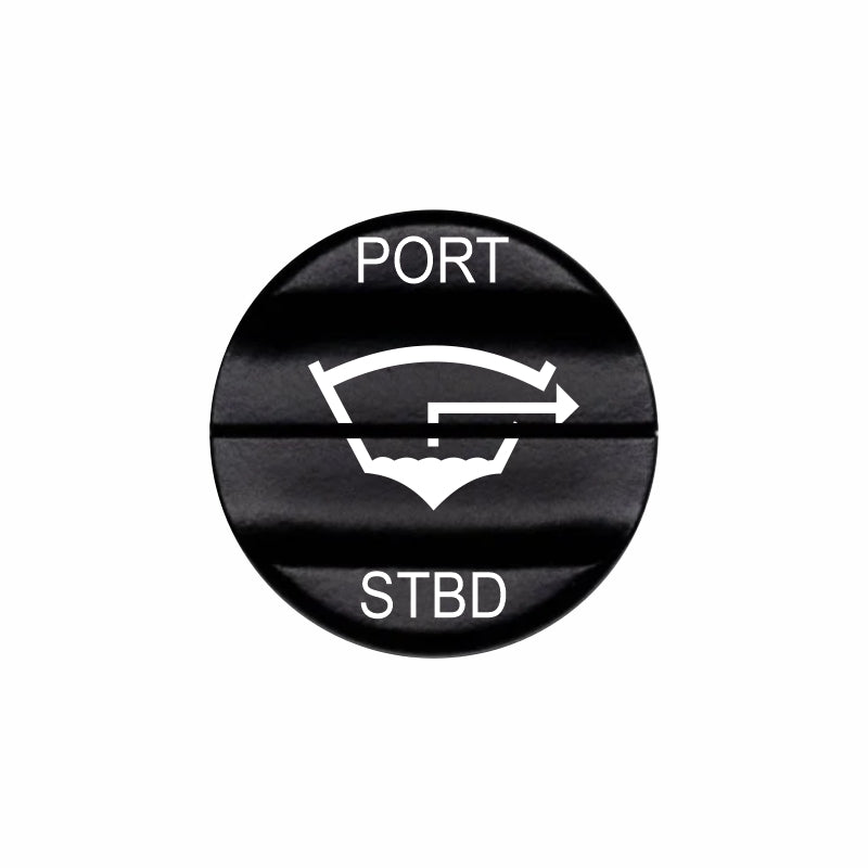 Bluewater bilge actuator labeled PORT / STBD, laser-etched black button with icon