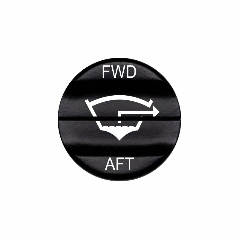 Bluewater bilge FWD/AFT actuator with black button and white laser-etched labels FWD and AFT