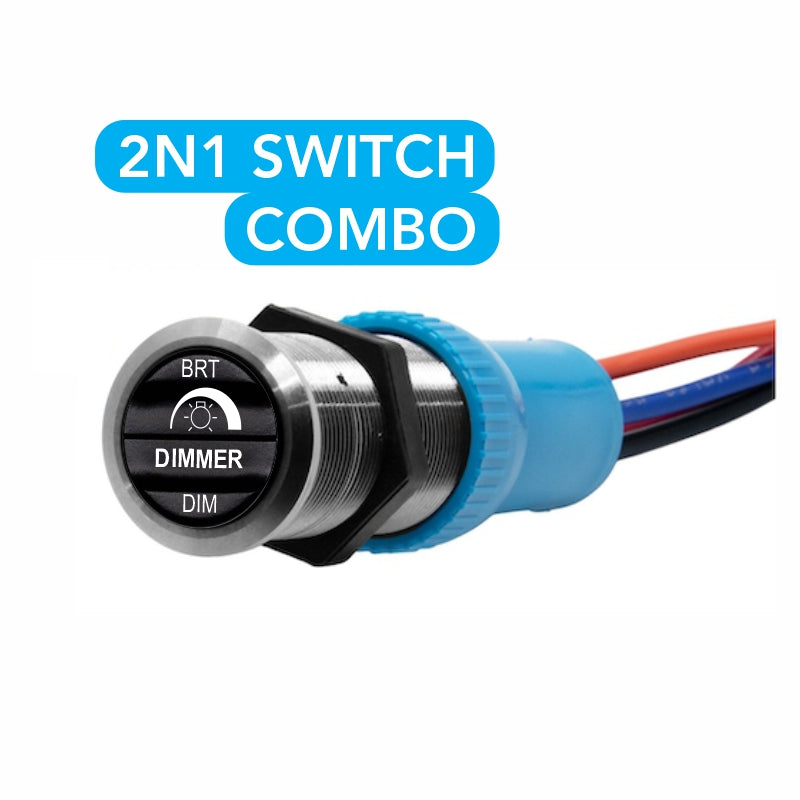 Bluewater 22mm DIMMER BRT/DIM actuator with black labeled button and stainless bezel
