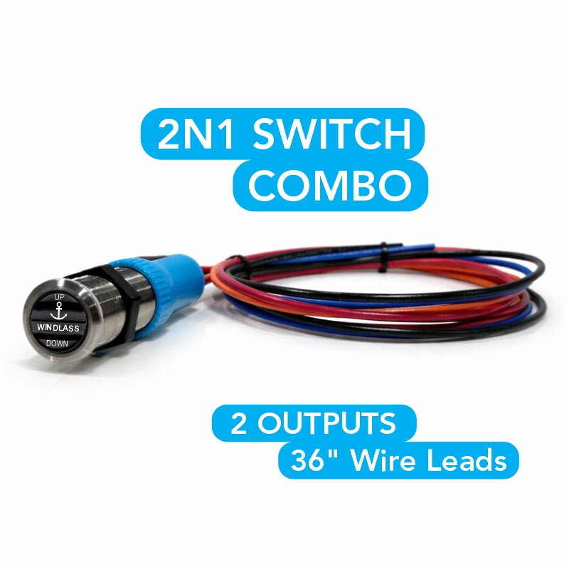 Angled rear view of windlass Up/Down switch showing threaded mounting, blue connector boot and 36in wire leads
