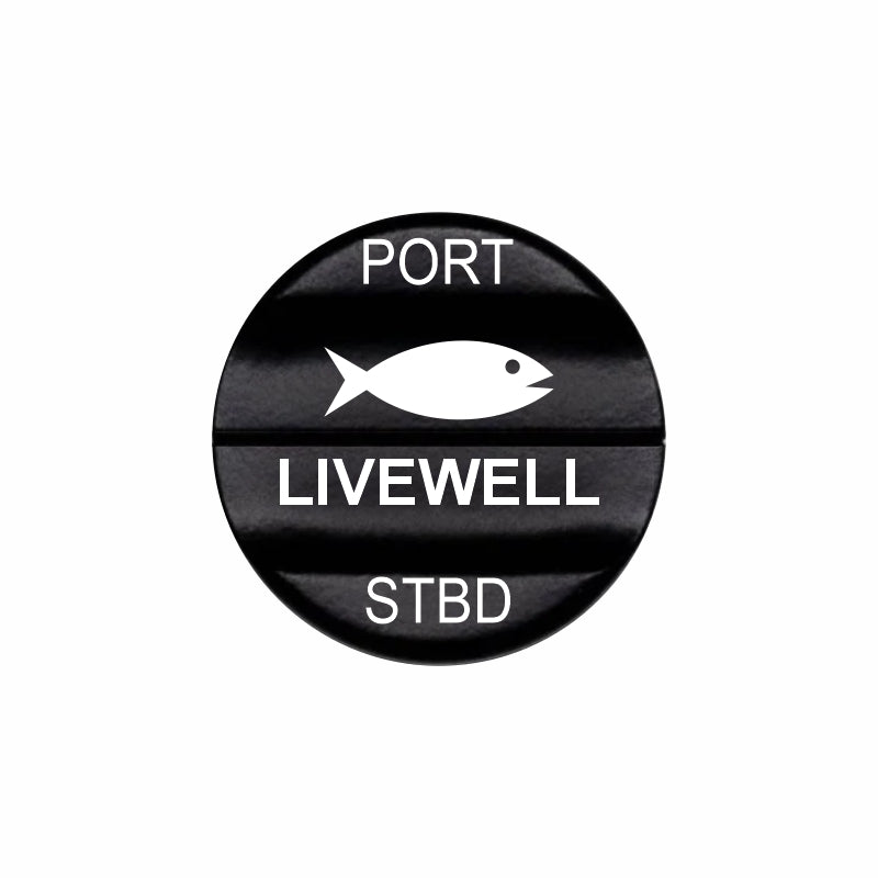 Bluewater laser-etched round actuator labeled PORT, LIVEWELL, STBD with fish icon