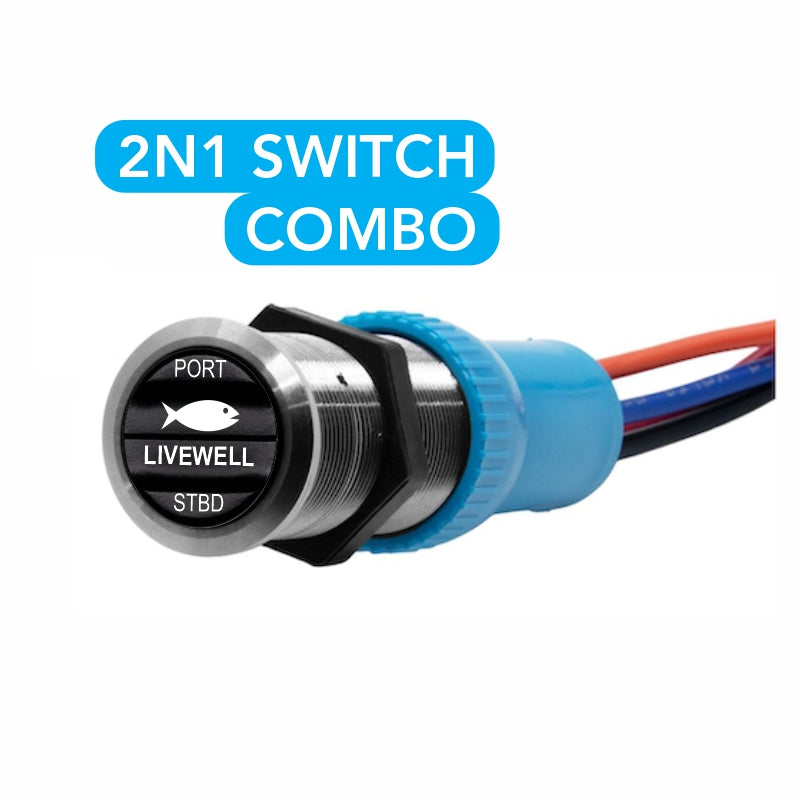 Bluewater LIVEWELL port/stbd switch actuator with black labeled button and stainless bezel