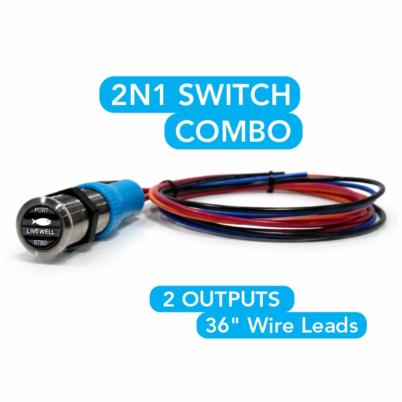 Front-angled stainless livewell selector labeled PORT/LIVEWELL/STBD with blue mounting nut and coiled colored wires