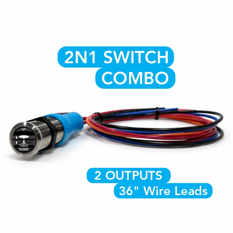 Bluewater Table Up/Down switch, front angle showing labeled UP/TABLE DOWN button and bundled 36-inch multicolored wire leads