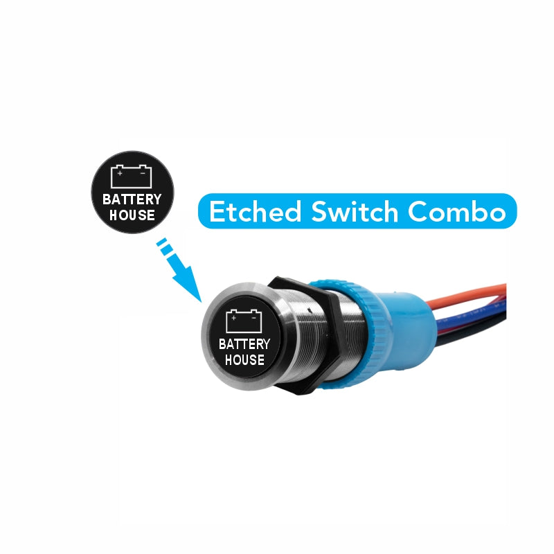 Bluewater etched push switch labeled BATTERY HOUSE with stainless bezel