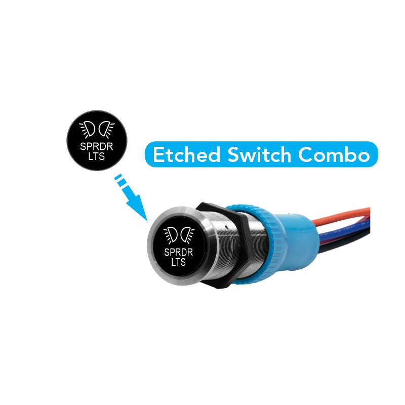 Bluewater etched SPRDR LTS spreader lights pushbutton switch with light icon