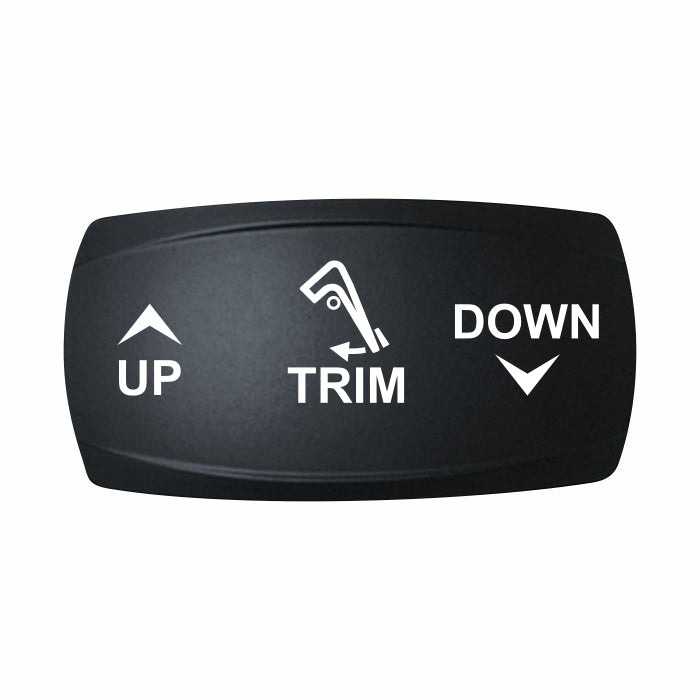 Technoexpress Shop TRIM UP/DOWN rocker switch label showing UP arrow, trim icon, DOWN arrow