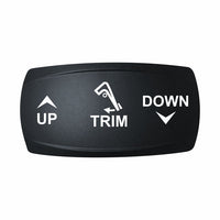 Technoexpress Shop TRIM UP/DOWN rocker switch label showing UP arrow, trim icon, DOWN arrow