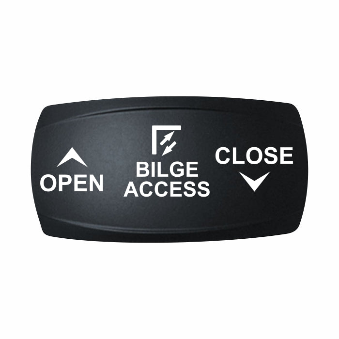 Technoexpress black bilge access rocker switch labeled BILGE ACCESS with OPEN and CLOSE arrows
