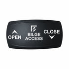 Technoexpress black bilge access rocker switch labeled BILGE ACCESS with OPEN and CLOSE arrows