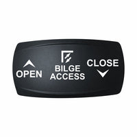 Technoexpress black bilge access rocker switch labeled BILGE ACCESS with OPEN and CLOSE arrows