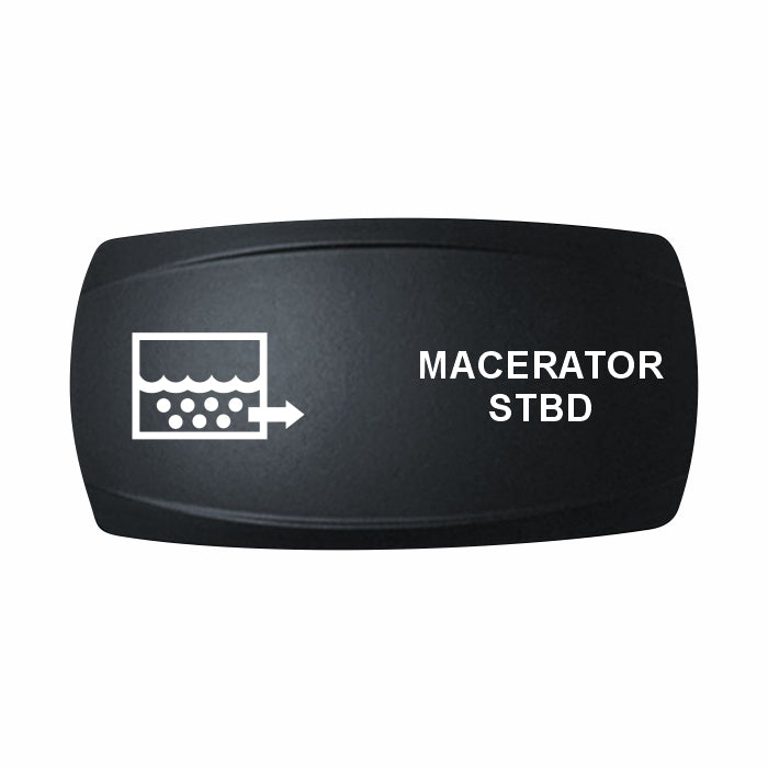 Technoexpress Shop black rocker switch label reading 'MACERATOR STBD' with macerator icon