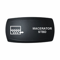 Technoexpress Shop black rocker switch label reading 'MACERATOR STBD' with macerator icon