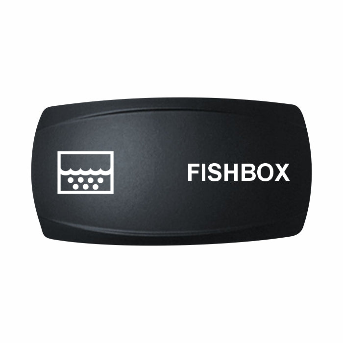 Technoexpress black rocker switch cap labeled FISHBOX with water and bubble icon