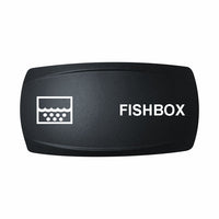 Technoexpress black rocker switch cap labeled FISHBOX with water and bubble icon