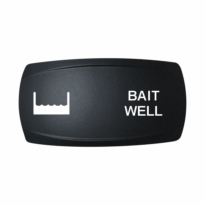 Technoexpress Shop bait well black rocker switch label with white BAIT WELL text and water icon
