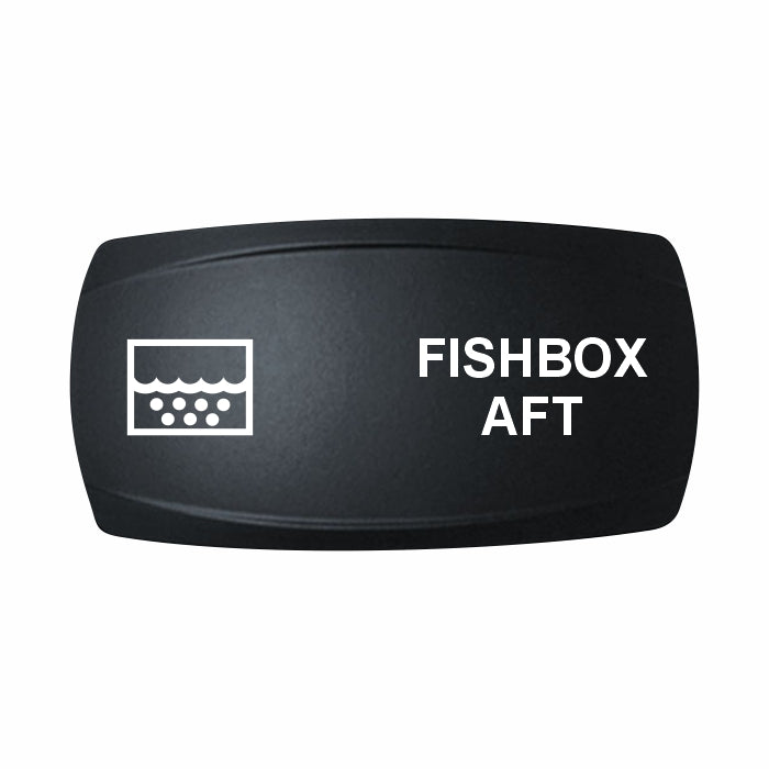 Technoexpress FISHBOX AFT marine rocker switch actuator cap with white label and icon