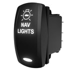 Illuminated NAV LIGHTS rocker switch by Carling, front-lit legend and rear spade terminals visible