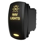 Angled side/rear view of illuminated NAV LIGHTS rocker switch showing glowing legend and rear connectors