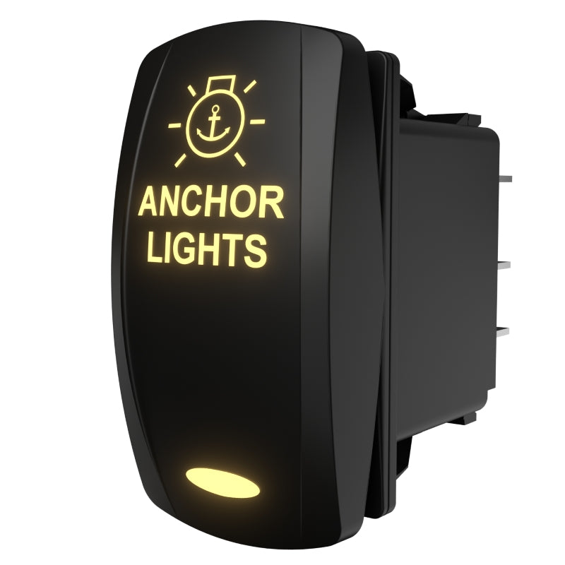 Carling anchor lights rocker switch, angled front-right view showing illuminated legend and rear connectors