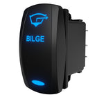 Bilge rocker switch, angled rear-side view showing illuminated blue legend "BILGE" and exposed spade terminals