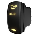Carling Technologies bilge rocker switch, rear-side angled view showing illuminated legend and metal spade terminals.