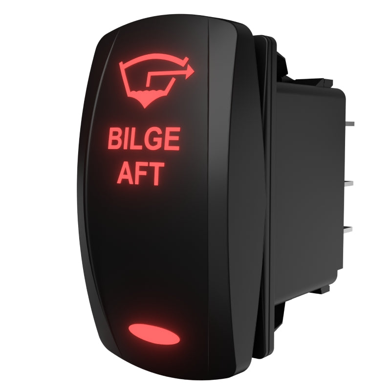 Carling Technologies illuminated BILGE AFT rocker switch, angled rear view showing right-side terminals