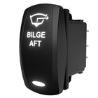 Bilge Aft rocker switch (Carling), angled rear view showing backlit legend, exposed connector pins and mounting clip.