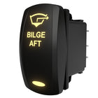 Carling illuminated Bilge Aft rocker switch, angled view showing glowing legend and visible rear connector pins